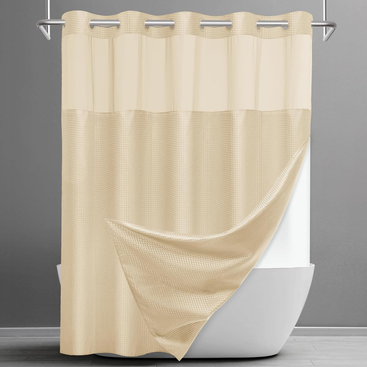 No Hook Waffle Shower Curtain with Snap in Liner Set, 71x74, Grey