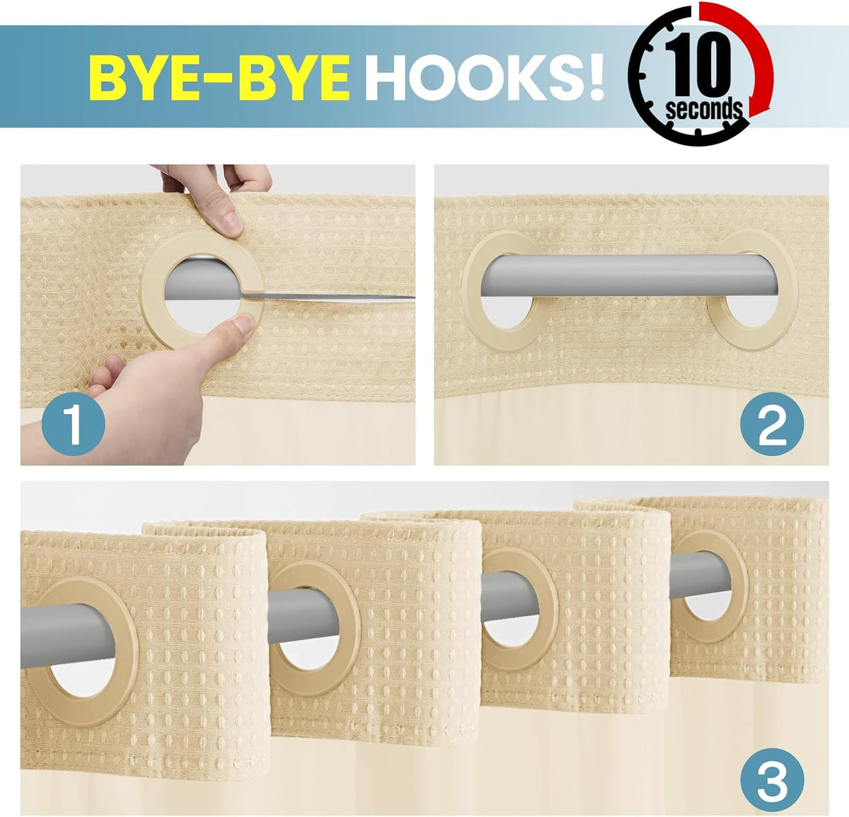 No Hook Waffle Shower Curtain with Snap in Liner Set, 71x74, Grey