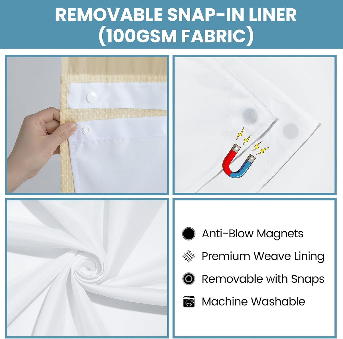 No Hook Waffle Shower Curtain with Snap in Liner Set, 71x74, Grey