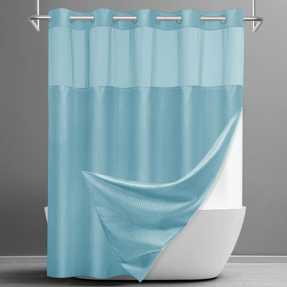 No Hook Waffle Shower Curtain with Snap in Liner Set, 71x74, Grey