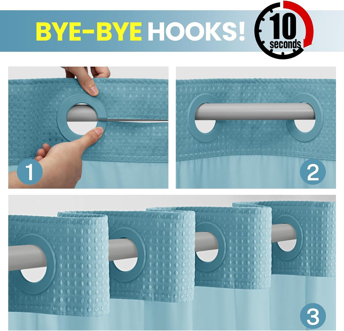 No Hook Waffle Shower Curtain with Snap in Liner Set, 71x74, Grey