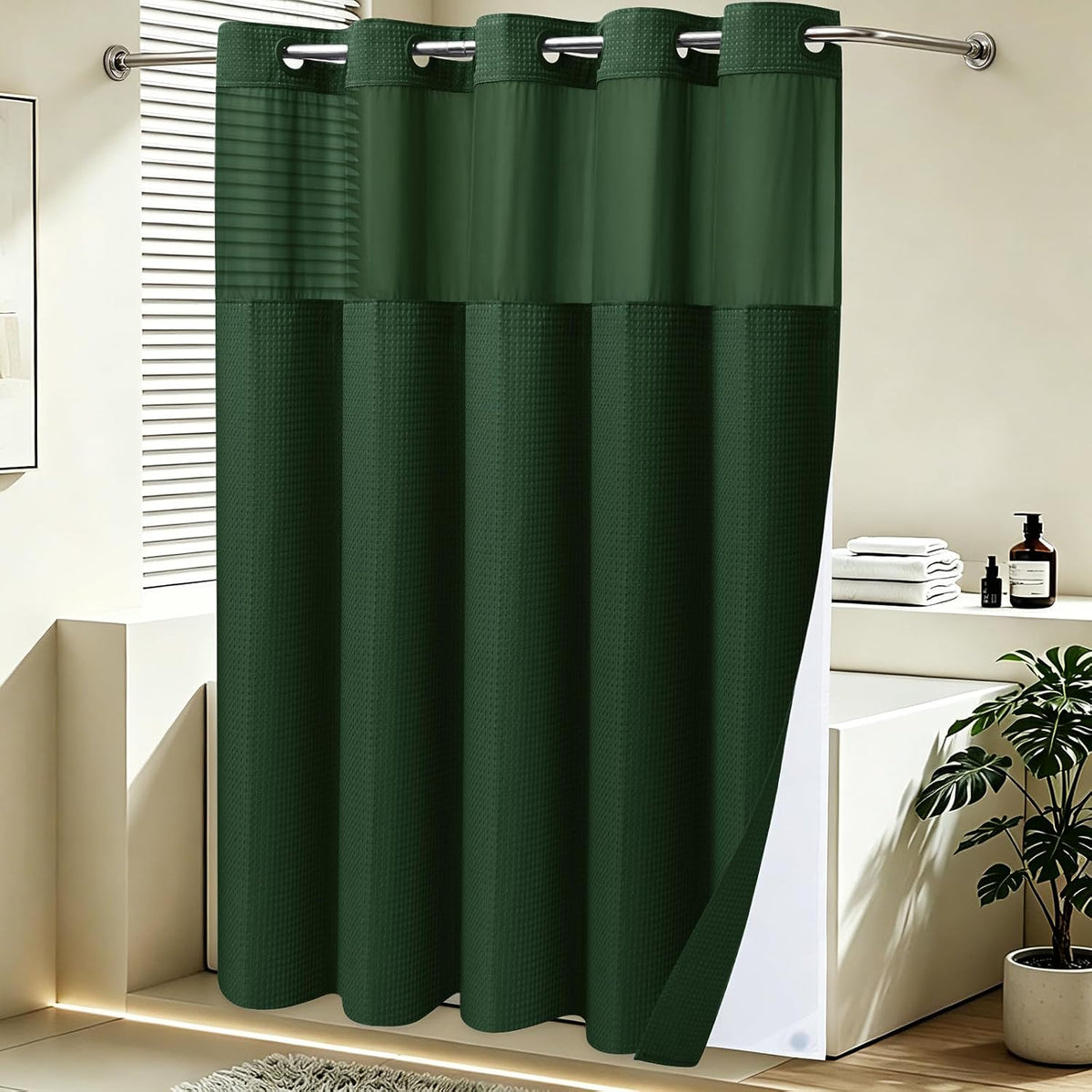 No Hook Waffle Shower Curtain with Snap in Liner Set, 71x74, Grey