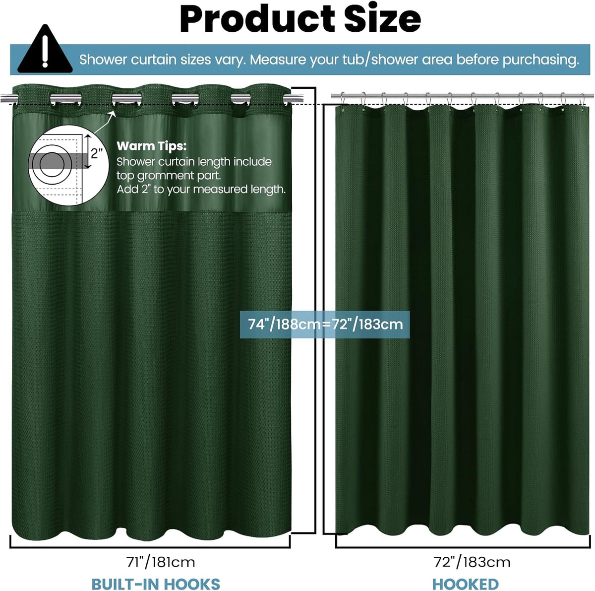 No Hook Waffle Shower Curtain with Snap in Liner Set, 71x74, Grey