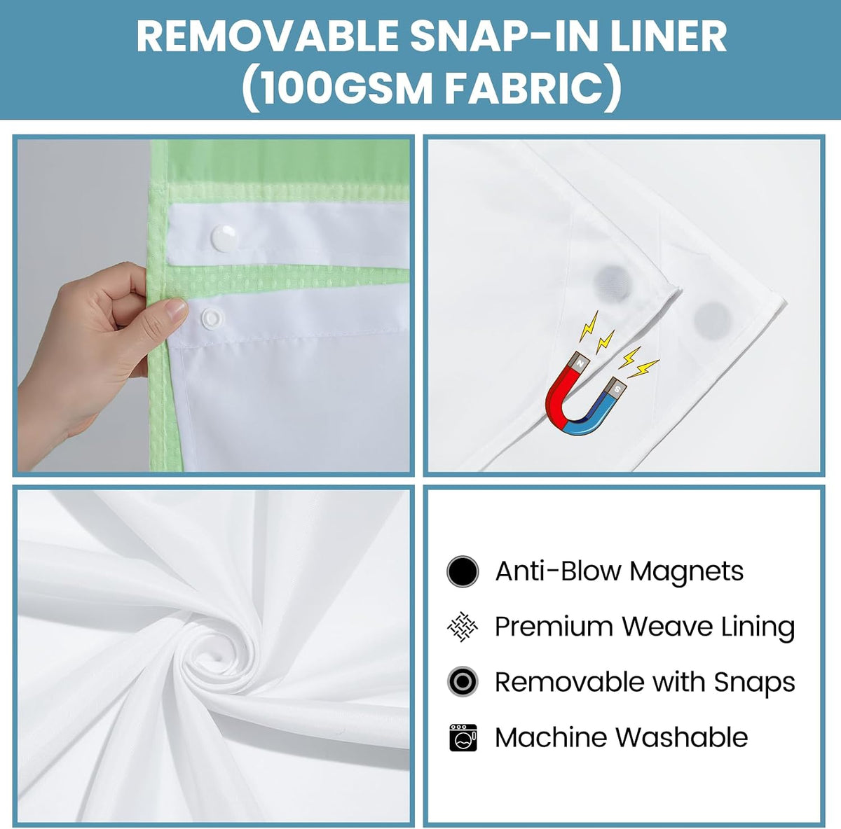 No Hook Waffle Shower Curtain with Snap in Liner Set, 71x74, Grey
