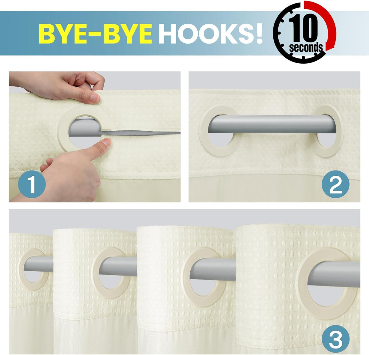 No Hook Waffle Shower Curtain with Snap in Liner Set, 71x74, Grey