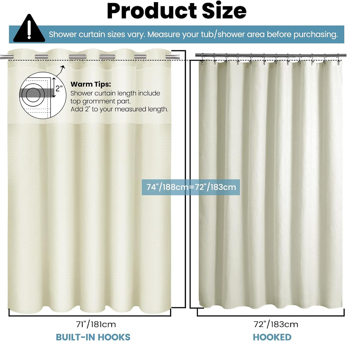 No Hook Waffle Shower Curtain with Snap in Liner Set, 71x74, Grey