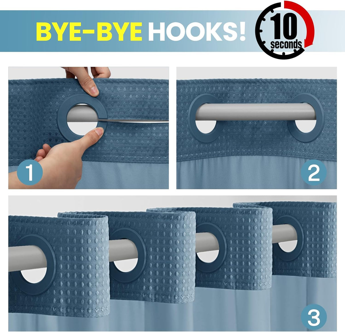 No Hook Waffle Shower Curtain with Snap in Liner Set, 71x74, Grey