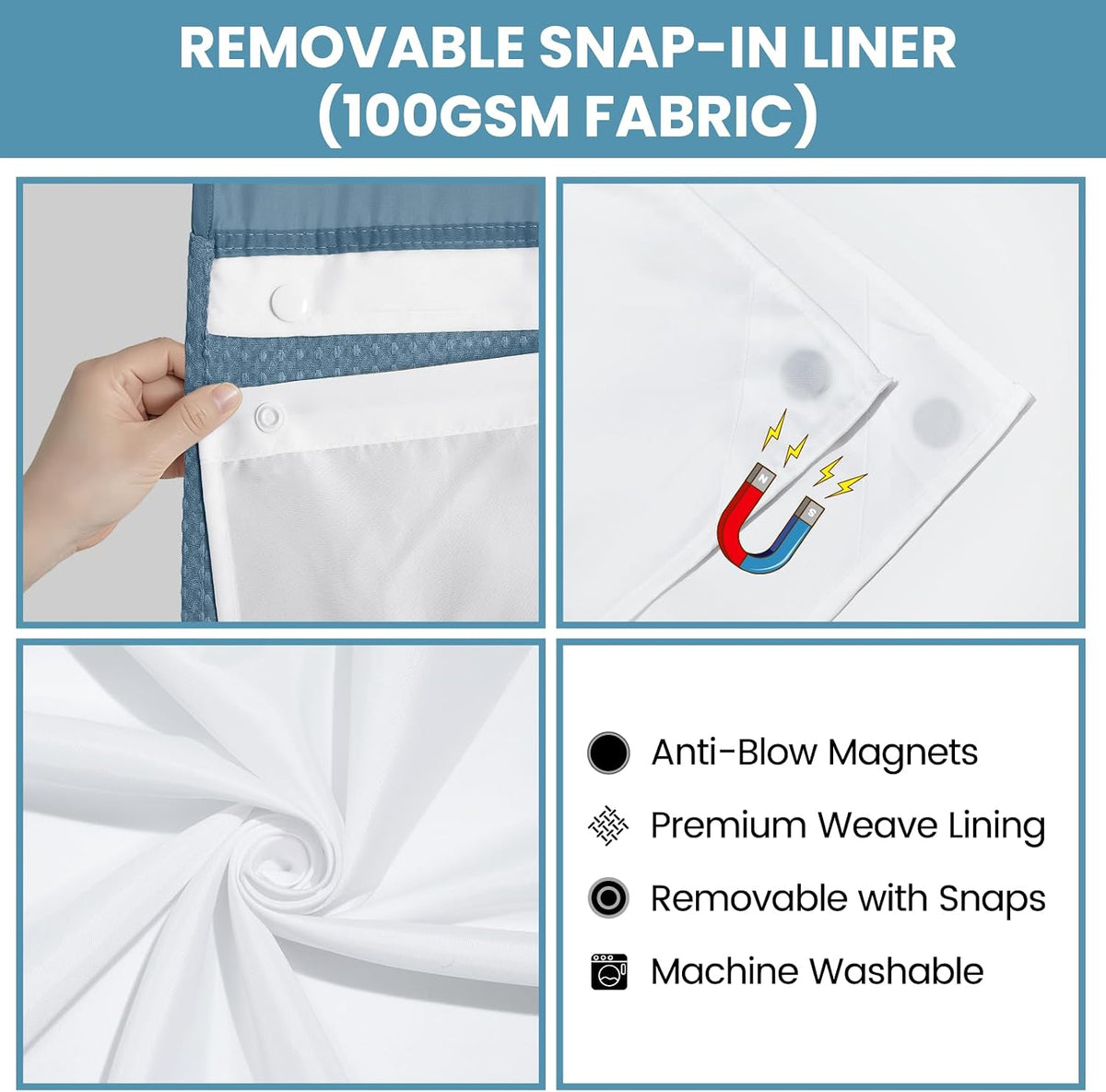 No Hook Waffle Shower Curtain with Snap in Liner Set, 71x74, Grey
