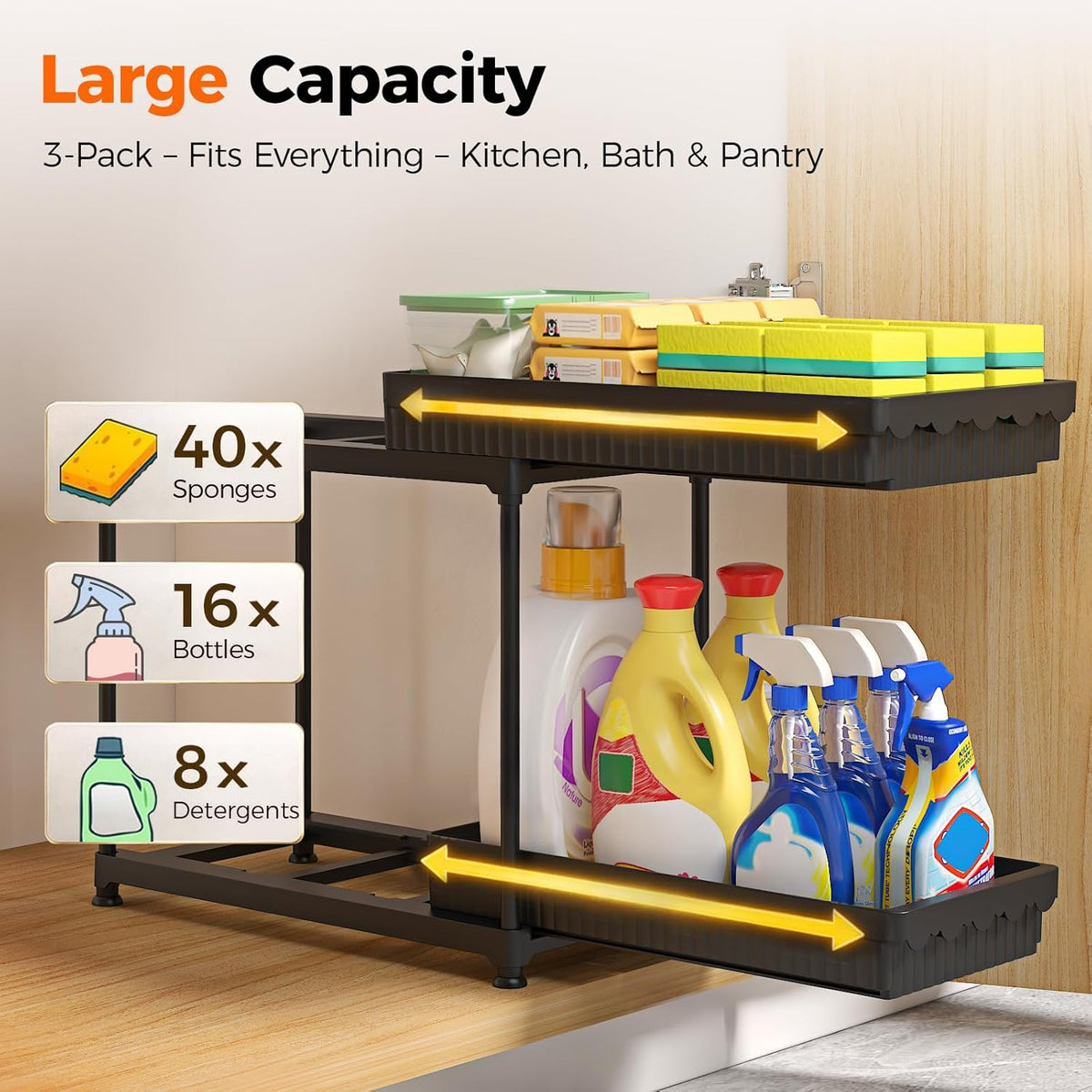 3-Pack 2-Tier Under Sink Organizers with Sliding Drawers