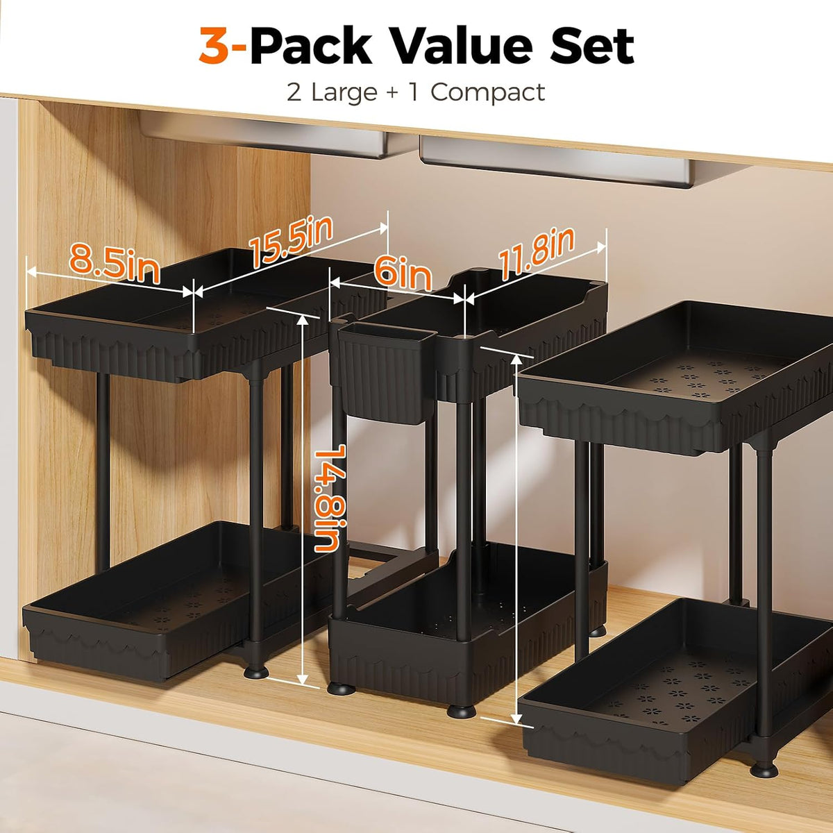 3-Pack 2-Tier Under Sink Organizers with Sliding Drawers