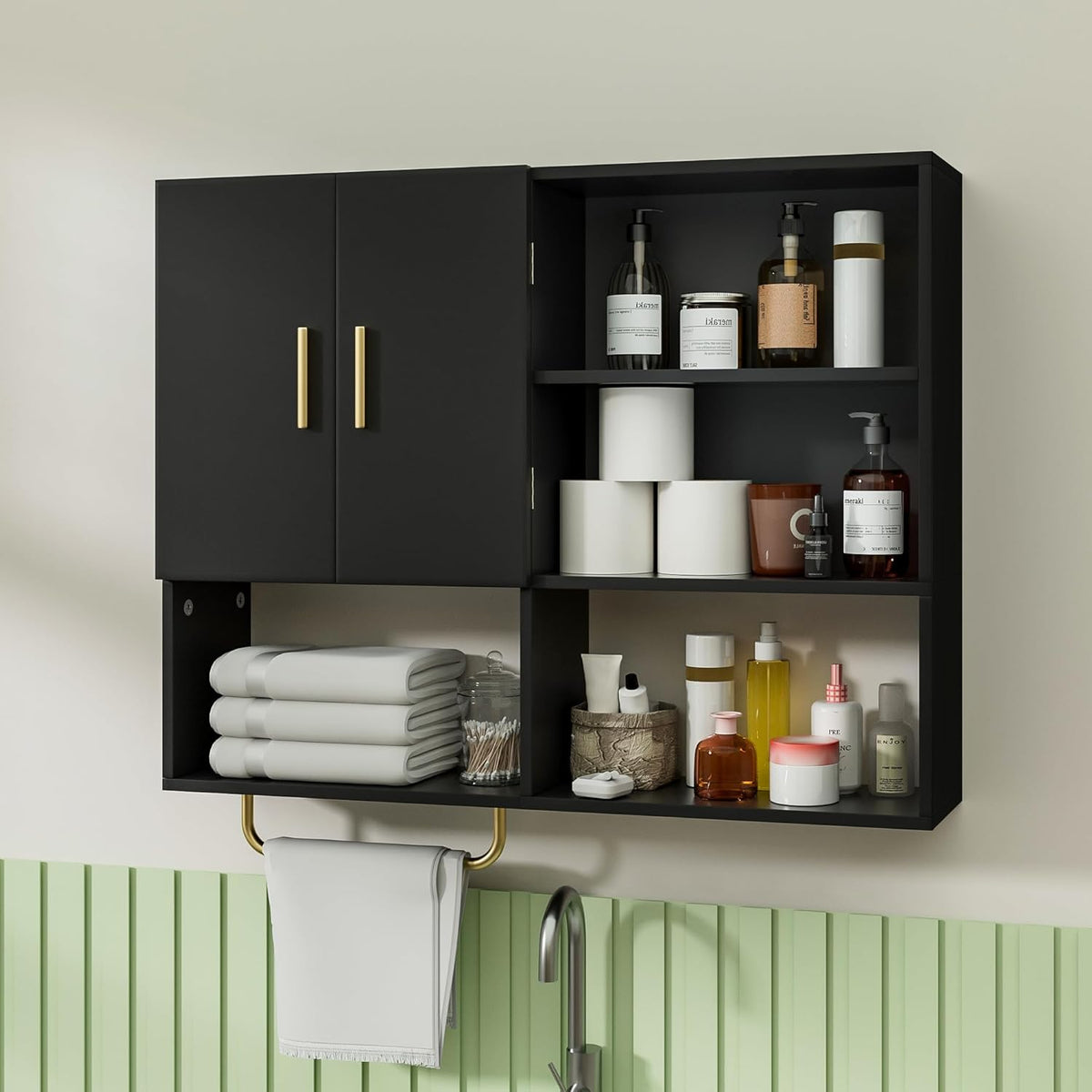 Bathroom Wall Cabinet Wood Large Wall Mounted Medicine Cabinet with 2 Doors and 4 Open Shelves Over Toilet Storage Cabinet Organizer with Towel Bar,White