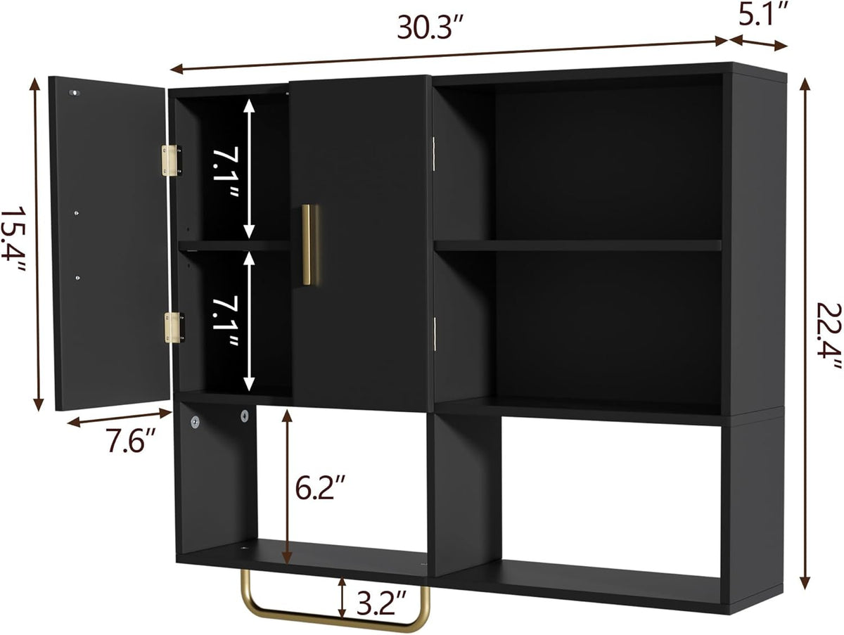 Bathroom Wall Cabinet Wood Large Wall Mounted Medicine Cabinet with 2 Doors and 4 Open Shelves Over Toilet Storage Cabinet Organizer with Towel Bar,White