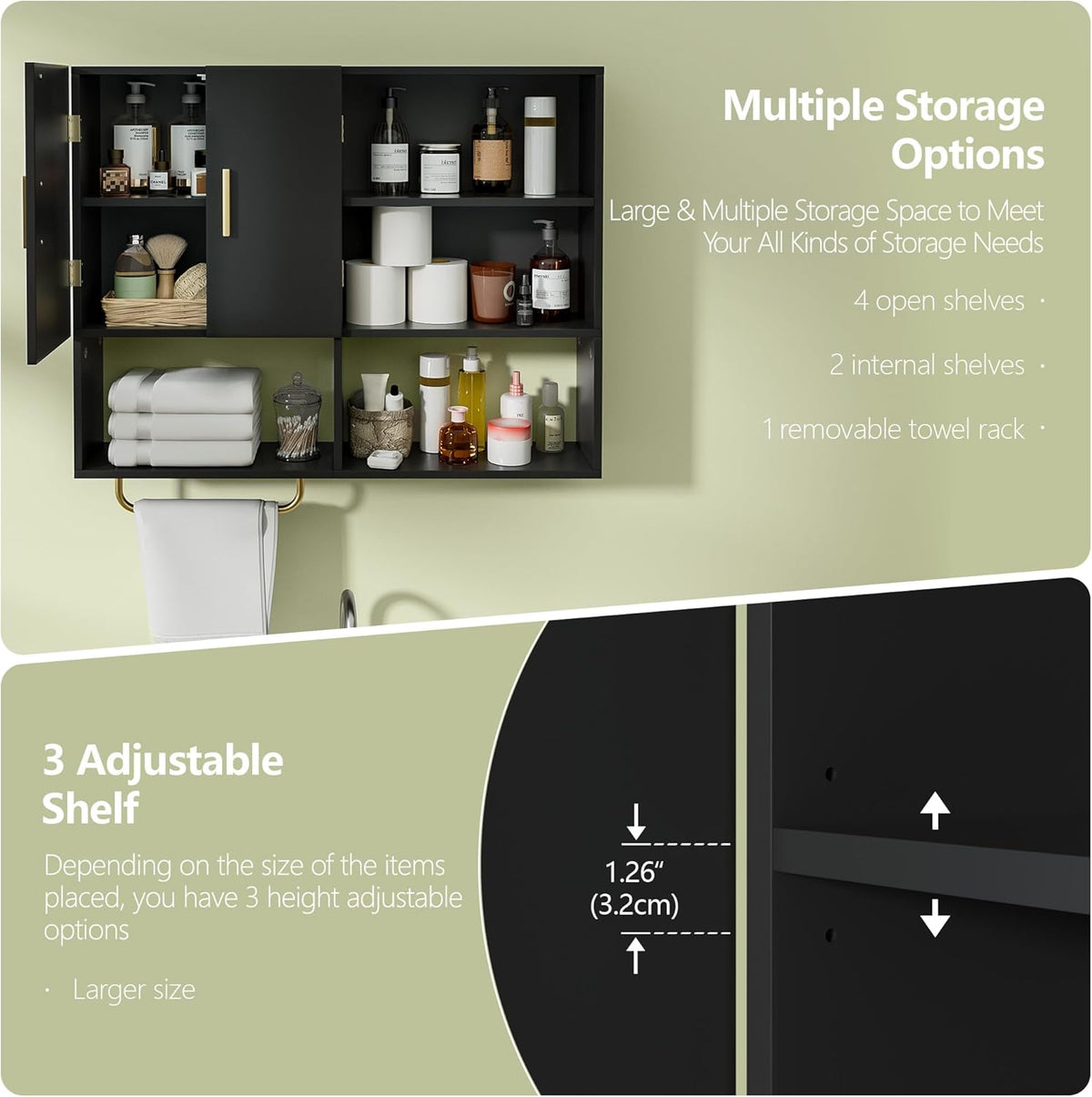 Bathroom Wall Cabinet Wood Large Wall Mounted Medicine Cabinet with 2 Doors and 4 Open Shelves Over Toilet Storage Cabinet Organizer with Towel Bar,White