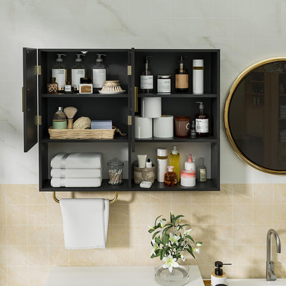 Bathroom Wall Cabinet Wood Large Wall Mounted Medicine Cabinet with 2 Doors and 4 Open Shelves Over Toilet Storage Cabinet Organizer with Towel Bar,White