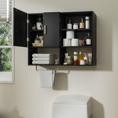 Bathroom Wall Cabinet Wood Large Wall Mounted Medicine Cabinet with 2 Doors and 4 Open Shelves Over Toilet Storage Cabinet Organizer with Towel Bar,White