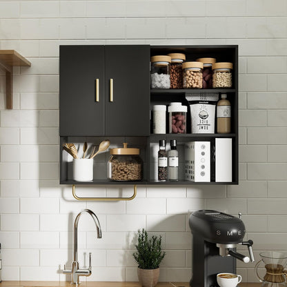 Bathroom Wall Cabinet Wood Large Wall Mounted Medicine Cabinet with 2 Doors and 4 Open Shelves Over Toilet Storage Cabinet Organizer with Towel Bar,White