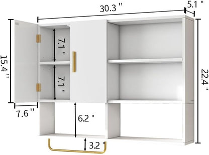 Bathroom Wall Cabinet Wood Large Wall Mounted Medicine Cabinet with 2 Doors and 4 Open Shelves Over Toilet Storage Cabinet Organizer with Towel Bar,White