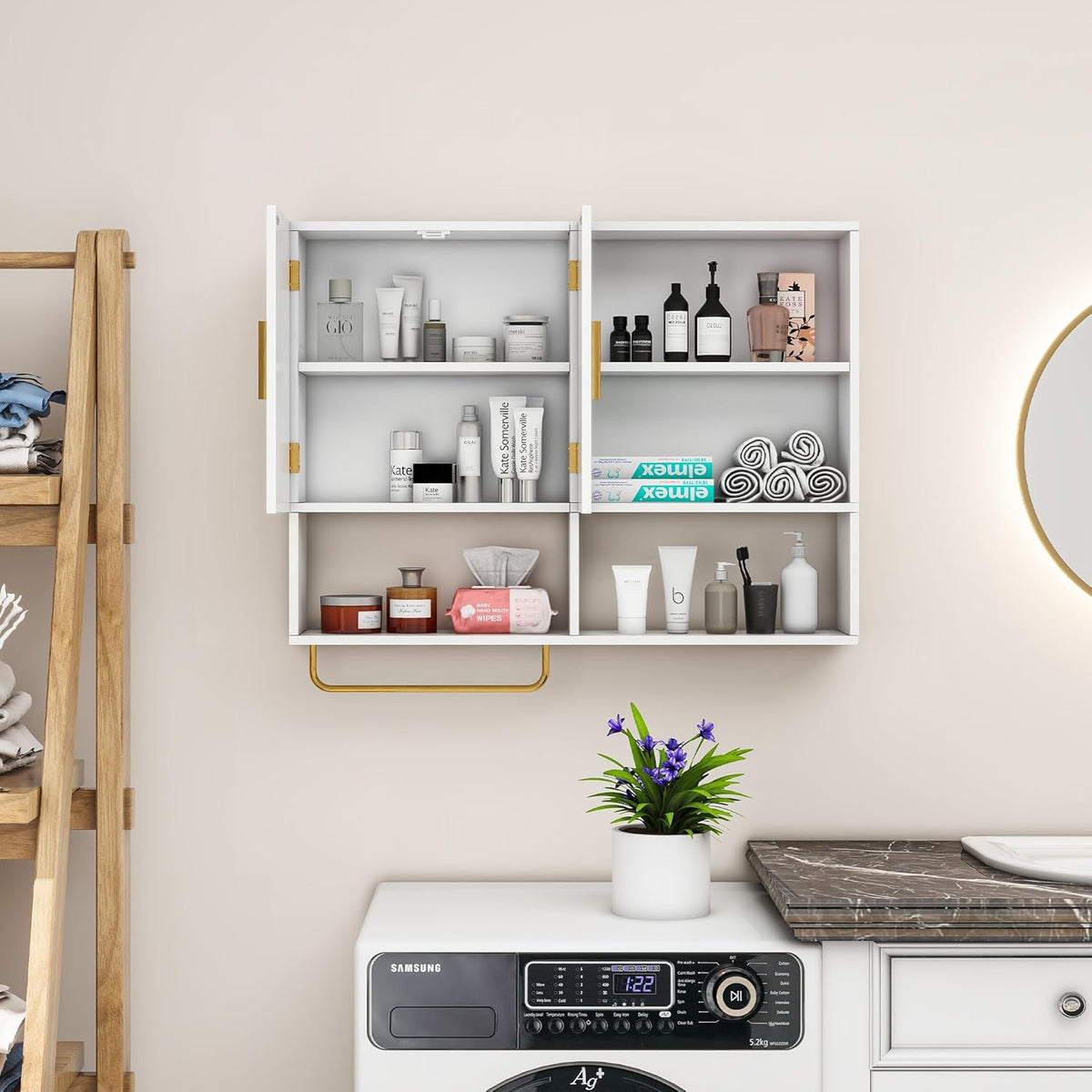 Bathroom Wall Cabinet Wood Large Wall Mounted Medicine Cabinet with 2 Doors and 4 Open Shelves Over Toilet Storage Cabinet Organizer with Towel Bar,White