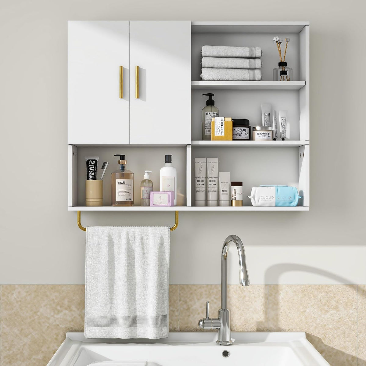 Bathroom Wall Cabinet Wood Large Wall Mounted Medicine Cabinet with 2 Doors and 4 Open Shelves Over Toilet Storage Cabinet Organizer with Towel Bar,White