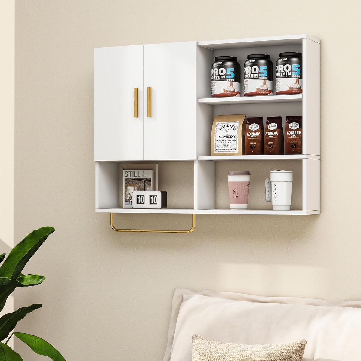 Bathroom Wall Cabinet Wood Large Wall Mounted Medicine Cabinet with 2 Doors and 4 Open Shelves Over Toilet Storage Cabinet Organizer with Towel Bar,White