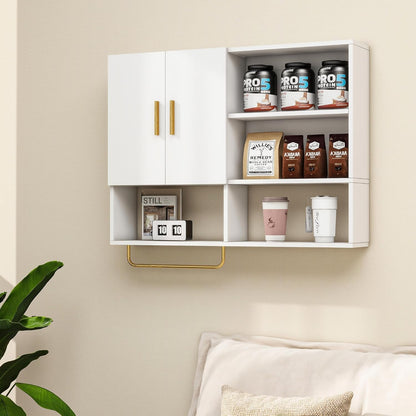 Bathroom Wall Cabinet Wood Large Wall Mounted Medicine Cabinet with 2 Doors and 4 Open Shelves Over Toilet Storage Cabinet Organizer with Towel Bar,White