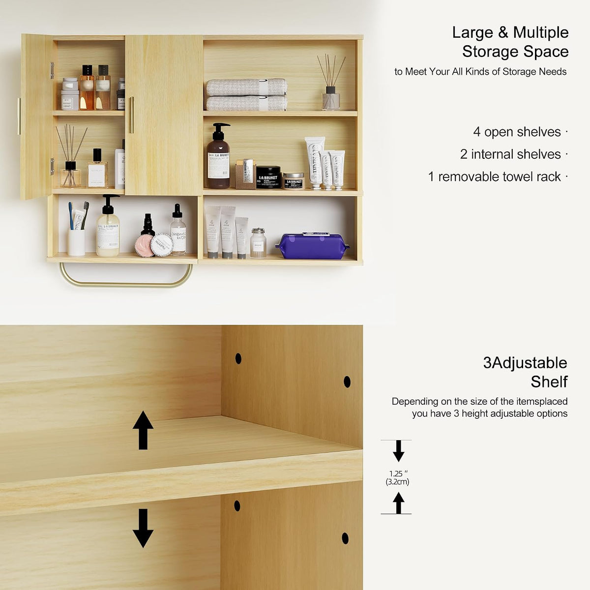 Bathroom Wall Cabinet Wood Large Wall Mounted Medicine Cabinet with 2 Doors and 4 Open Shelves Over Toilet Storage Cabinet Organizer with Towel Bar,White