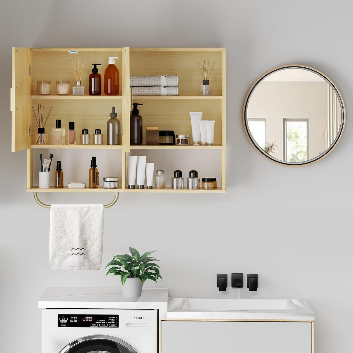Bathroom Wall Cabinet Wood Large Wall Mounted Medicine Cabinet with 2 Doors and 4 Open Shelves Over Toilet Storage Cabinet Organizer with Towel Bar,White