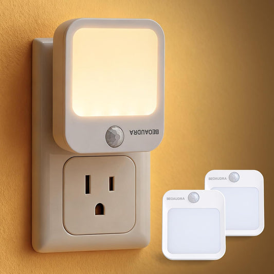 Motion Sensor Night Light Plug in - 5 Level Dimmable Warm White LED, Ultra Slim Auto Shut-Off Nightlight for Bedroom Bathroom Hallway, 0.5W, 2 Pack