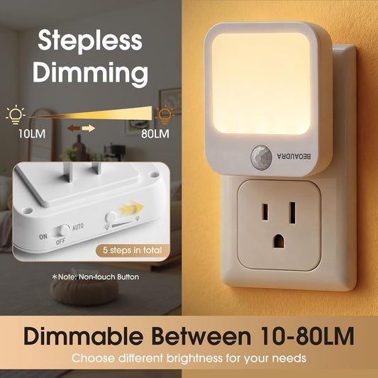 Motion Sensor Night Light Plug in - 5 Level Dimmable Warm White LED, Ultra Slim Auto Shut-Off Nightlight for Bedroom Bathroom Hallway, 0.5W, 2 Pack