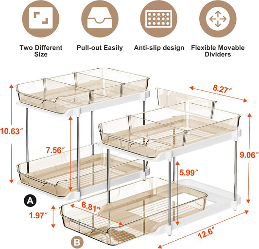 2-Tier Multi-Purpose Bathroom Under Sink Organizers and Storage, Stackable Kitchen Pantry Organization, Pull Out Medicine Cabinet Organizer with Movable Dividers, White, 2 Pack