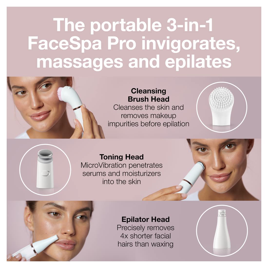 Face Epilator Facespa Pro 911, Facial Hair Removal for Women, Hair Removal Device, 3-in-1 Epilating, Cleansing Brush and Skin Toning with 3 Extras