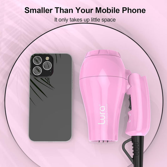 Foldable Travel Hair Dreyr Mini:Dual Voltage Small Lightweight Blow Dryer for International Travel,1200w Compact Hairdryer with Concentrator and Travel Bag(Light Pink)