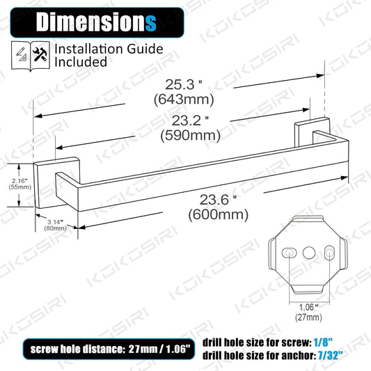 24-Inch Single Towel Bar, Bathroom Kitchen Towel Holder, Wall Mounted SUS304 Stainless Steel Towel Rack, Matte Black, B4003BK-L24