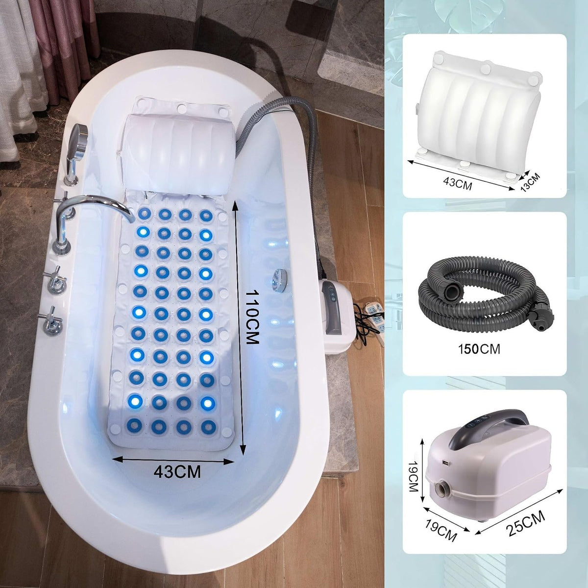Bubble Bath Massager Mat with Ambient Light & Remote Control | 74 bubble jets，Inflatable pillow，Upgraded anti-slip suction cup，Noise reduction machine，Relieve fatigue and muscle soreness