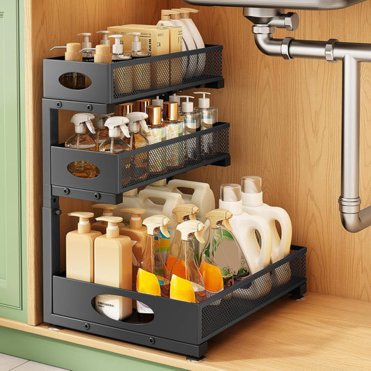 Under Sink Organizer 3-Tier Slide Out Drawer for Bathroom 2-Pack