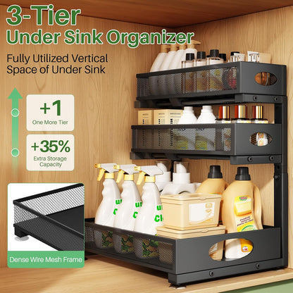 Under Sink Organizer 3-Tier Slide Out Drawer for Bathroom 2-Pack