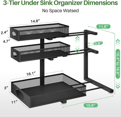 Under Sink Organizer 3-Tier Slide Out Drawer for Bathroom 2-Pack