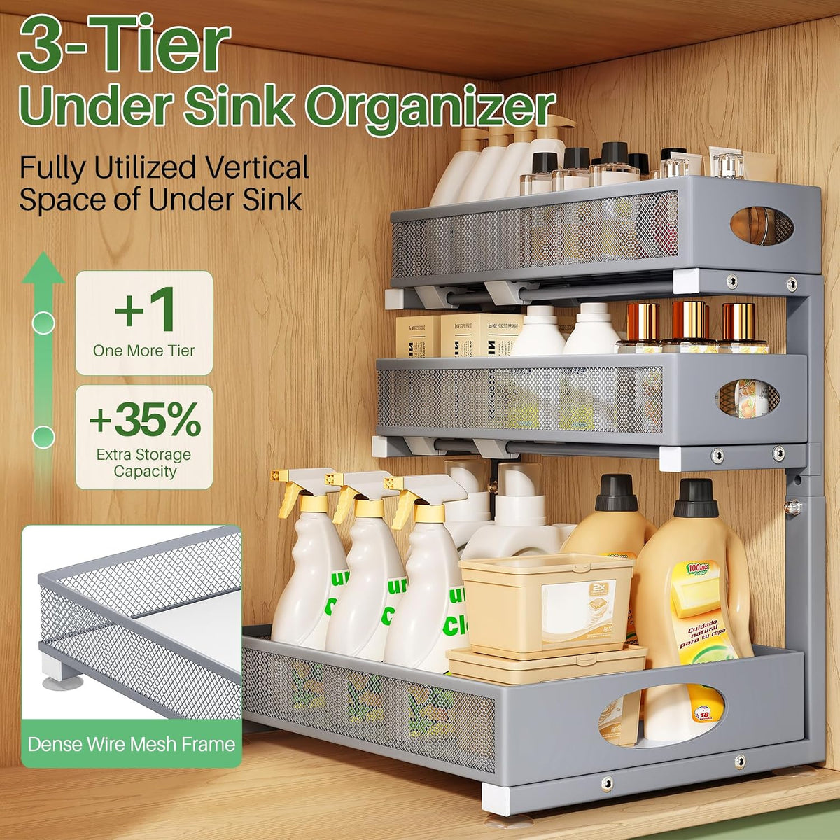 Under Sink Organizer 3-Tier Slide Out Drawer for Bathroom 2-Pack