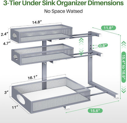 Under Sink Organizer 3-Tier Slide Out Drawer for Bathroom 2-Pack