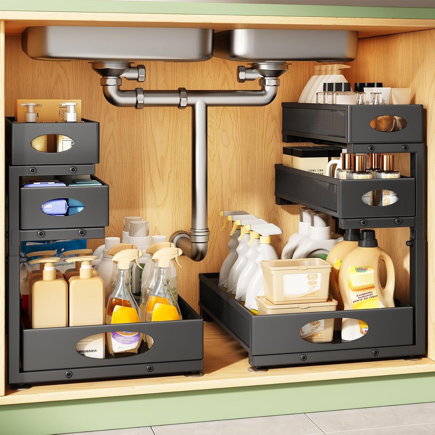 Under Sink Organizer 3-Tier Slide Out Drawer for Bathroom 2-Pack