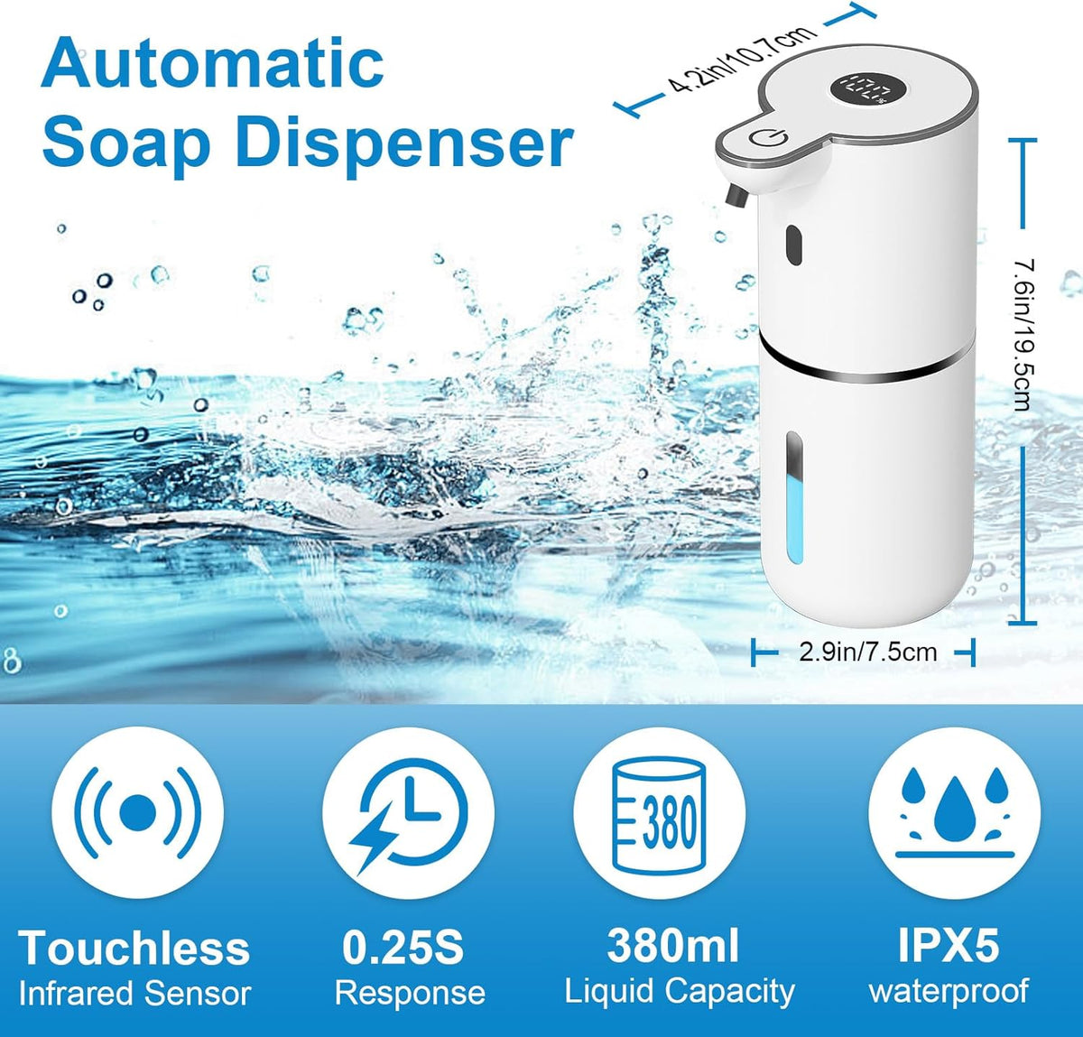 Automatic Liquid Soap Dispenser Touchless, USB Rechargeable Smart Hand Soap Dispenser, 6-Level Adjustable, 12.8oz/380mL Wall Mounted for Bathroom Kitchen Accessories Dish Soap-White