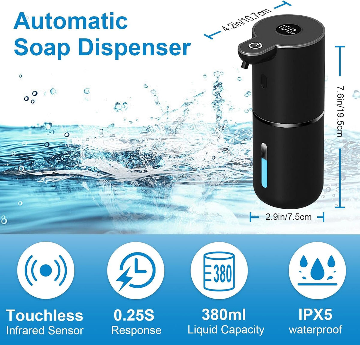 Automatic Liquid Soap Dispenser Touchless, USB Rechargeable Smart Hand Soap Dispenser, 6-Level Adjustable, 12.8oz/380mL Wall Mounted for Bathroom Kitchen Accessories Dish Soap-White