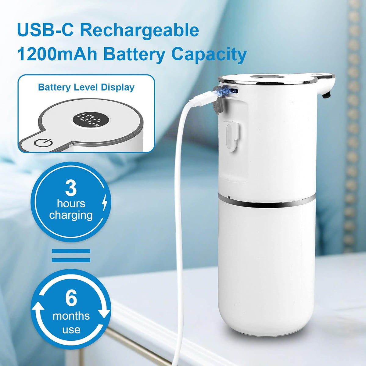 Automatic Liquid Soap Dispenser Touchless, USB Rechargeable Smart Hand Soap Dispenser, 6-Level Adjustable, 12.8oz/380mL Wall Mounted for Bathroom Kitchen Accessories Dish Soap-White