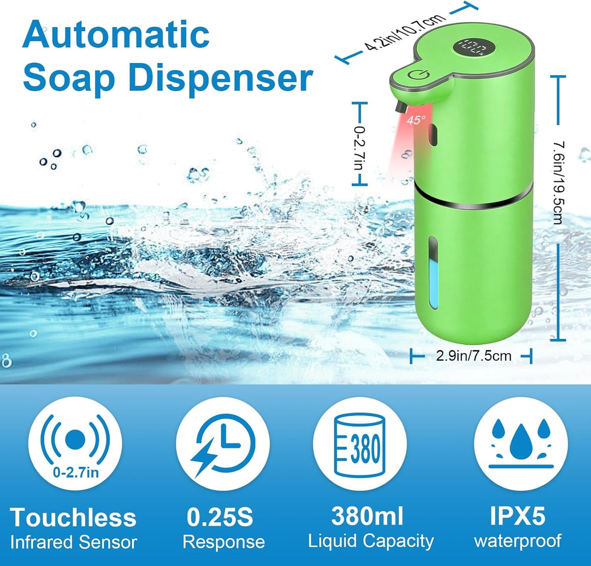 Automatic Liquid Soap Dispenser Touchless, USB Rechargeable Smart Hand Soap Dispenser, 6-Level Adjustable, 12.8oz/380mL Wall Mounted for Bathroom Kitchen Accessories Dish Soap-White