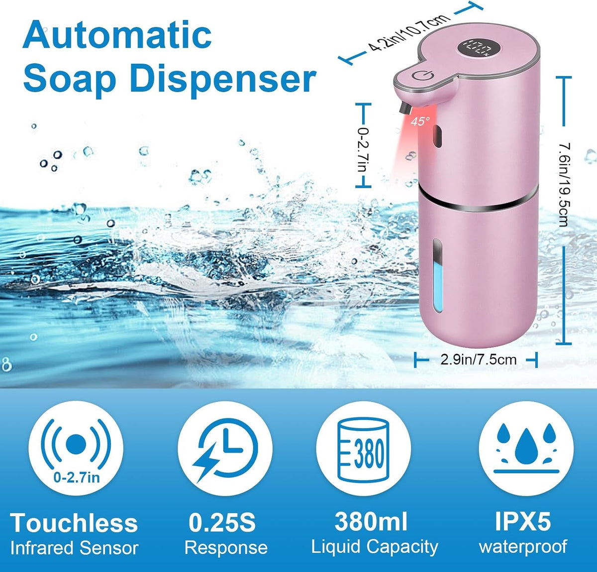 Automatic Liquid Soap Dispenser Touchless, USB Rechargeable Smart Hand Soap Dispenser, 6-Level Adjustable, 12.8oz/380mL Wall Mounted for Bathroom Kitchen Accessories Dish Soap-White