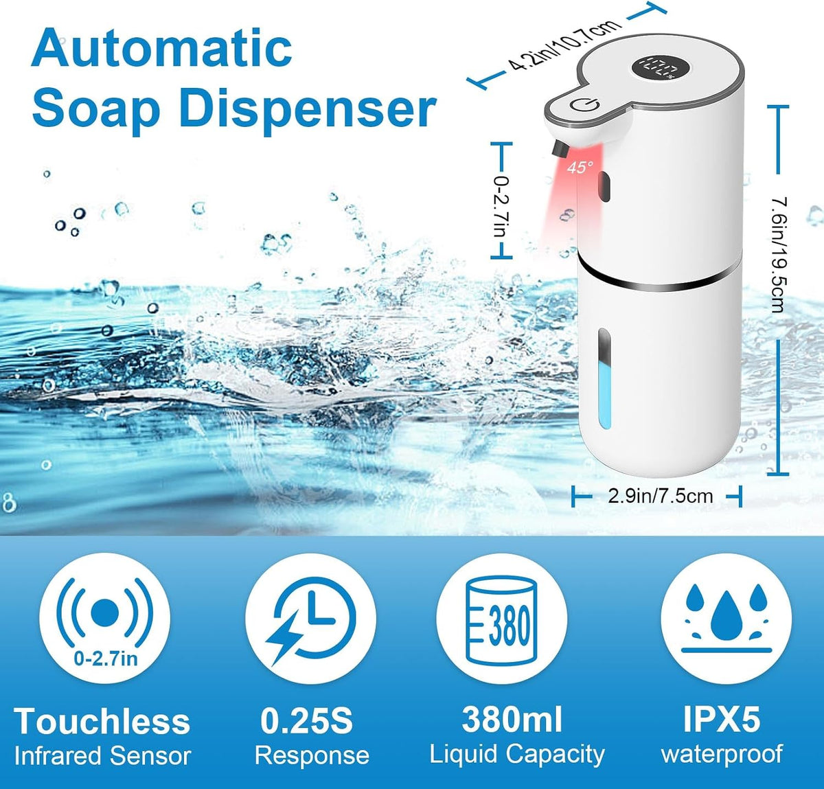 Automatic Liquid Soap Dispenser Touchless, USB Rechargeable Smart Hand Soap Dispenser, 6-Level Adjustable, 12.8oz/380mL Wall Mounted for Bathroom Kitchen Accessories Dish Soap-White