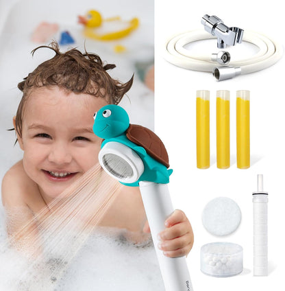 Livo Handheld Filtered Showerhead for Kids | Turquoise Turtle Shower Head with 3-Pack Vitamin C Filters, PVC Hose and Holder