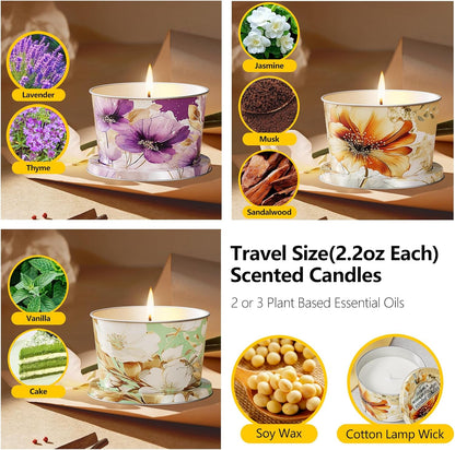 3 Pack Scented Candles-Lavender & Thyme, Vanilla Cake, Jasmine & Musk & Sandalwood, Travel Tin Candle Set, 2.2oz Each, 8-10h Burn Time, Soy Wax, Cotton Wick