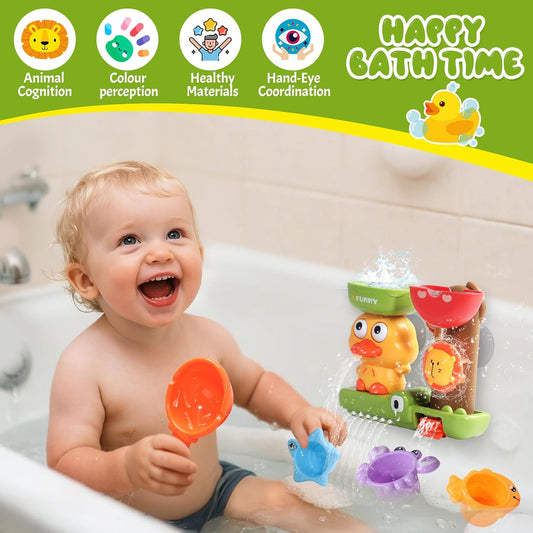 Toddler Bath Toys for Kids Ages 1-3 Waterfall Bathtub Toys for Toddlers 2-4 | with 3 Stacking Cups No Mold Baby Bath Toys Interactive Duck Water Shower Toys for Boys Girls Gifts with Strong Suction Cups