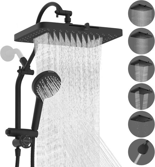 cUPC Certified High Pressue 13'' Rainfall Shower Head with 5-Spray | Shower Heads with Handheld 10-Spray Combo, All Metal Easy Reach 4-way Diverter Arm, 71'' Hose & Holder, Matte Black